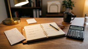 What is considered full time in NC — overhead view of a desk with a timesheet, calculator, and coffee mug representing work hours