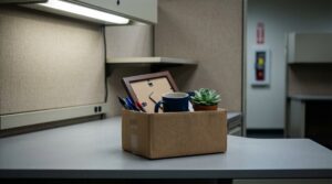 Lawyer for hostile work environment consultation — cardboard box of personal items on an empty office desk after leaving a toxic workplace