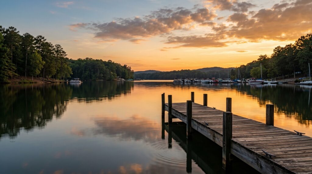 Lake Norman boating accident attorney — golden hour view of Lake Norman North Carolina with a wooden dock, calm water, and boats moored in the distance