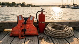 Lake Norman boating accident legal help — close-up of boat safety equipment including a life jacket, fire extinguisher, and coiled dock rope on a vessel deck