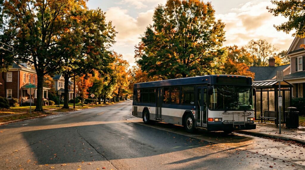 NC bus accident attorneys — wide shot of a city bus stopped at a North Carolina intersection at dusk