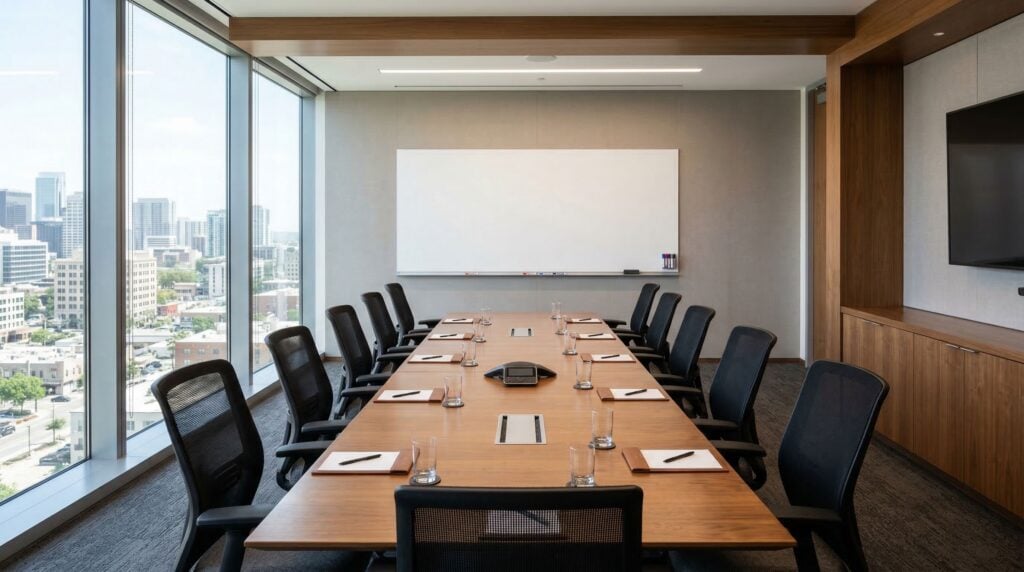 North Carolina human resources counseling — modern conference room with a long table, ergonomic chairs, and a blank whiteboard with natural light from floor-to-ceiling windows