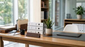 North Carolina human resources counseling guidance — organized HR office desk with a closed laptop, potted plant, and stack of policy binders in soft natural light