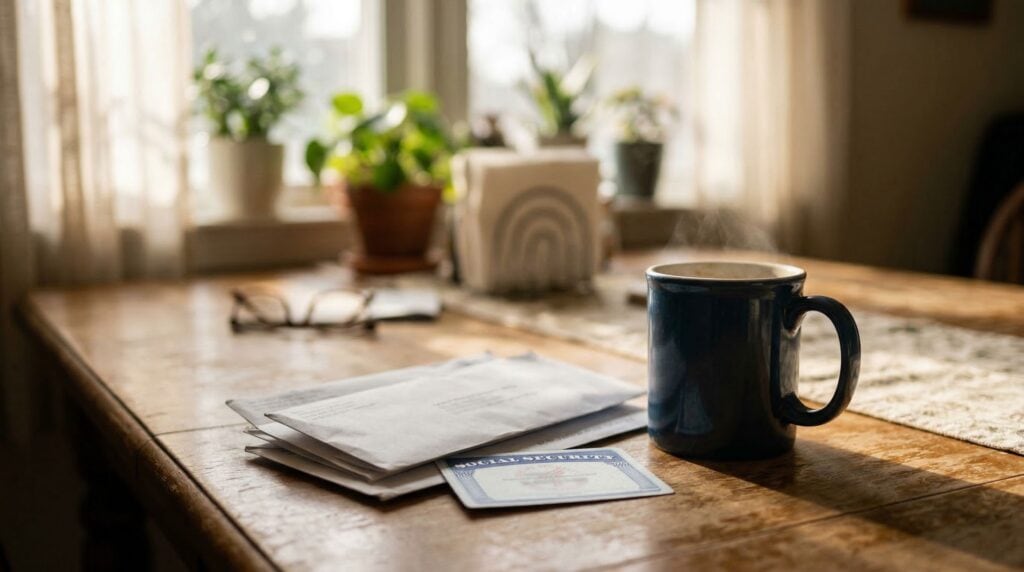Is SSDI taxable income — kitchen table with a Social Security card under a stack of envelopes and a cup of coffee in morning sunlight