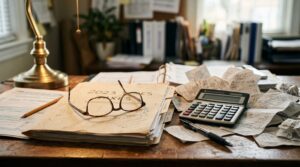 Is SSDI taxable income in North Carolina — tax preparation desk with a calculator, scattered receipts, and reading glasses under warm desk lamp light