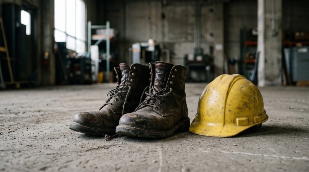 Worn leather work boots and a battered hard hat on a concrete workshop floor — Worker Misclassification lawyers NC at Harman Law
