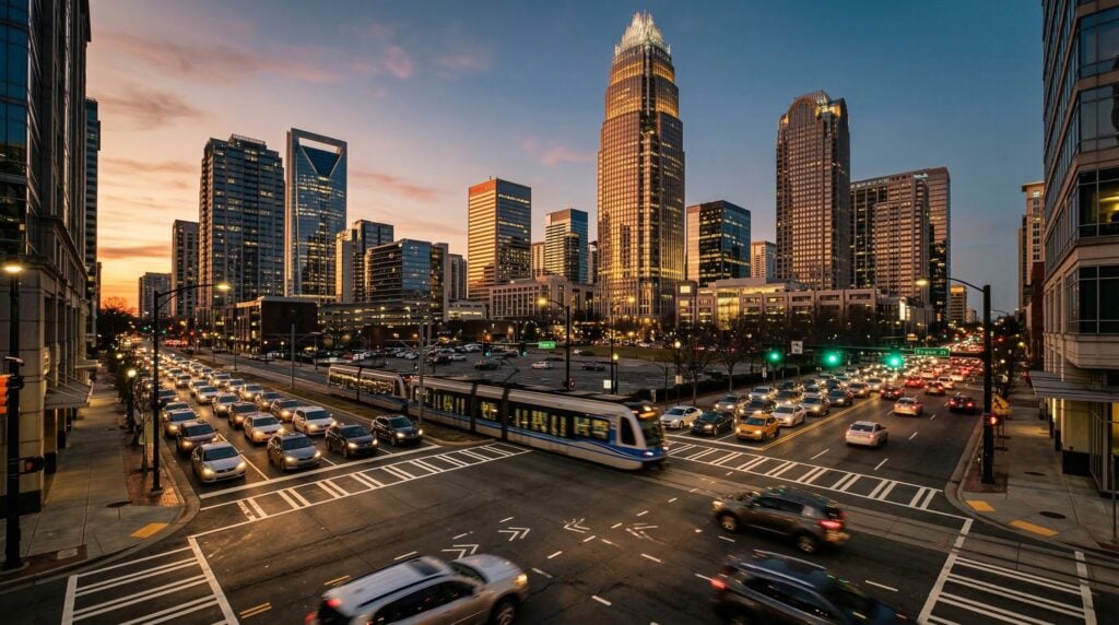 Charlotte accident attorney — Charlotte North Carolina Uptown intersection at dusk with Bank of America Corporate Center and city skyline