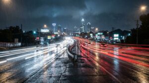 Charlotte accident attorney services — rain-slicked Independence Boulevard in Charlotte at night with city lights and Uptown skyline