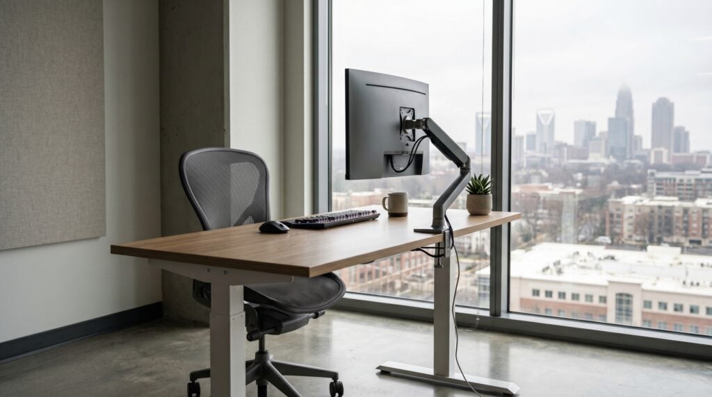 An empty ergonomic workstation by a large window in a quiet Charlotte office — disability discrimination lawyer Charlotte NC