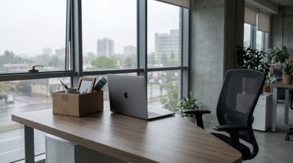 Empty office desk with a packed cardboard box of personal items by a rain-streaked window — can you be fired while on FMLA in North Carolina