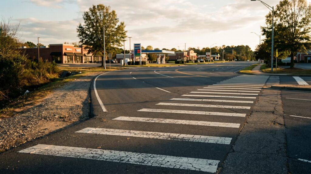 Empty marked crosswalk across a wide suburban arterial road through Huntersville at golden hour, no pedestrians — Huntersville pedestrian accident lawyer