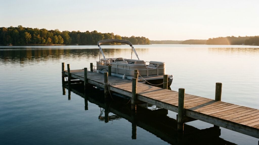An empty pontoon boat moored at a quiet Lake Norman dock at golden hour, calm open water — Lake Norman boat accident lawyer