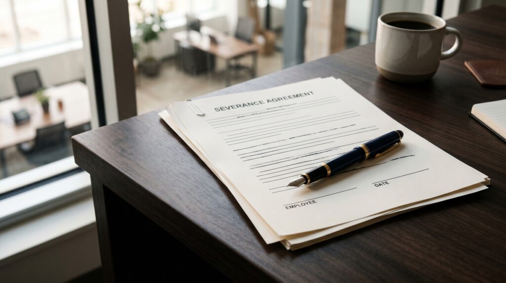A severance agreement document and pen on a clean office desk by a bright window — severance agreement lawyer North Carolina