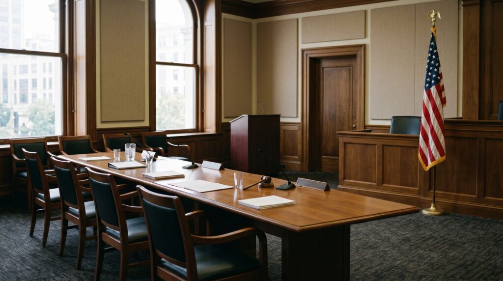 An empty administrative hearing room with a wooden table and chairs in soft daylight — SSDI appeal denied North Carolina