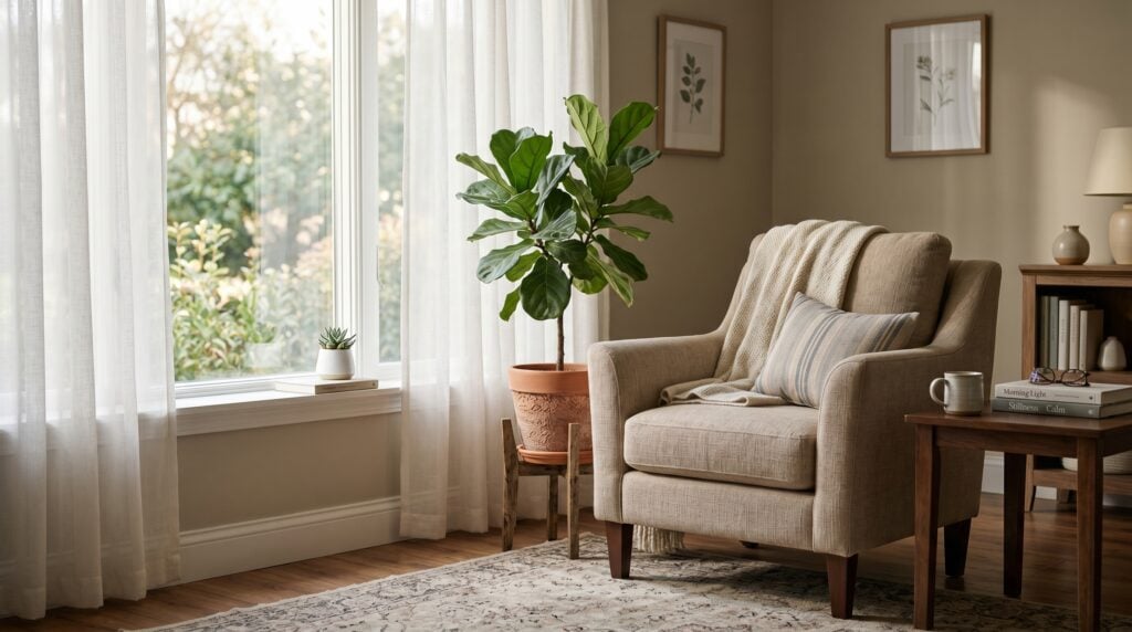 Calm living room with an empty armchair and soft natural morning light through sheer curtains — SSDI mental health claims North Carolina