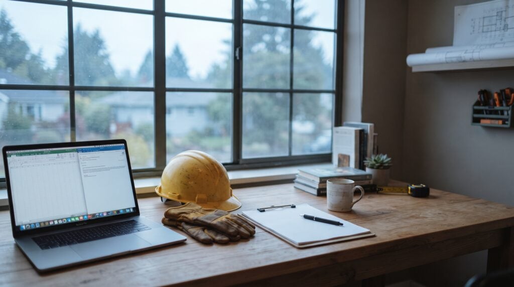 Independent contractor home workspace with a laptop, hard hat, and work gloves, illustrating worker classification under the DOL proposed rule in North Carolina.