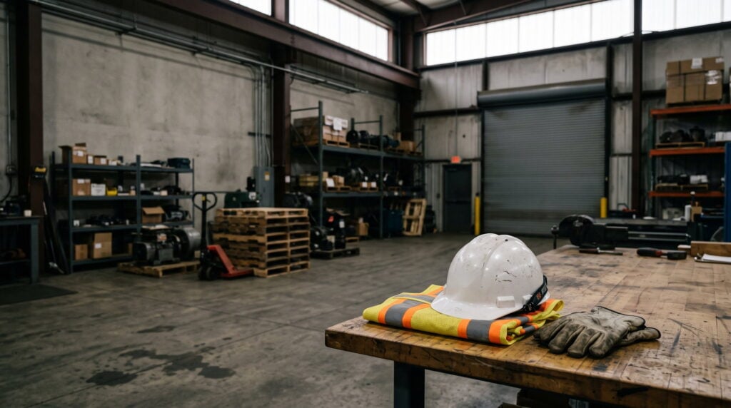 A hard hat, folded high-visibility vest and work gloves resting on a workbench in an empty North Carolina workshop — North Carolina workers’ compensation changes