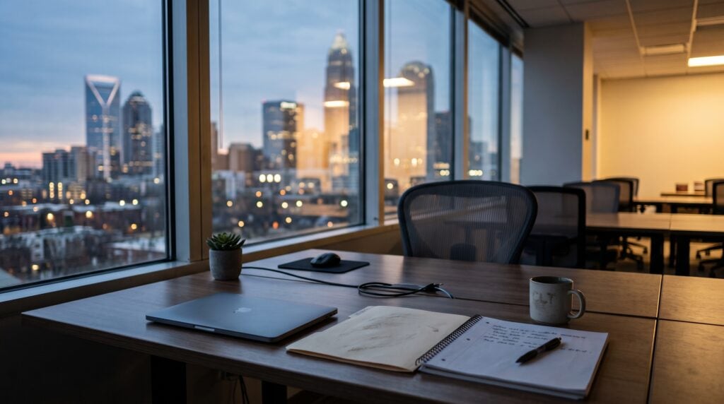 Empty office desk with a closed laptop and notebook overlooking the Charlotte skyline, representing can you sue your employer while still working for them