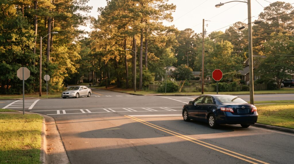 Quiet suburban four-way stop at golden hour with two parked cars, representing north carolina contributory negligence car accident claims